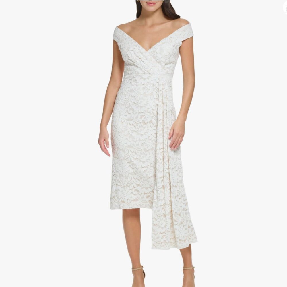 NWT Eliza J Off The Shoulder Draped Lace Wedding Cocktail Midi Dress, Ivory, 12P